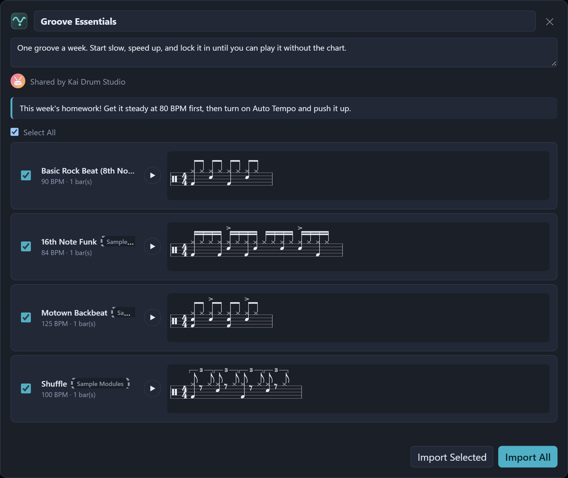 Opening the Groove Essentials group shared by Kai Drum Studio: the sharer's avatar and message are shown, and every module can be previewed before importing