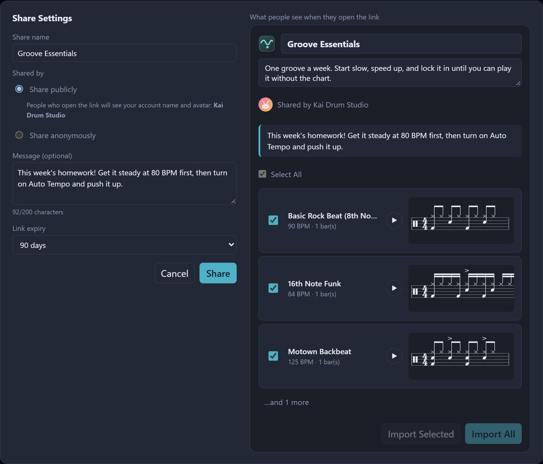 Sharing the whole Groove Essentials group publicly, with a live preview on the right of the name, avatar, message and modules people will see