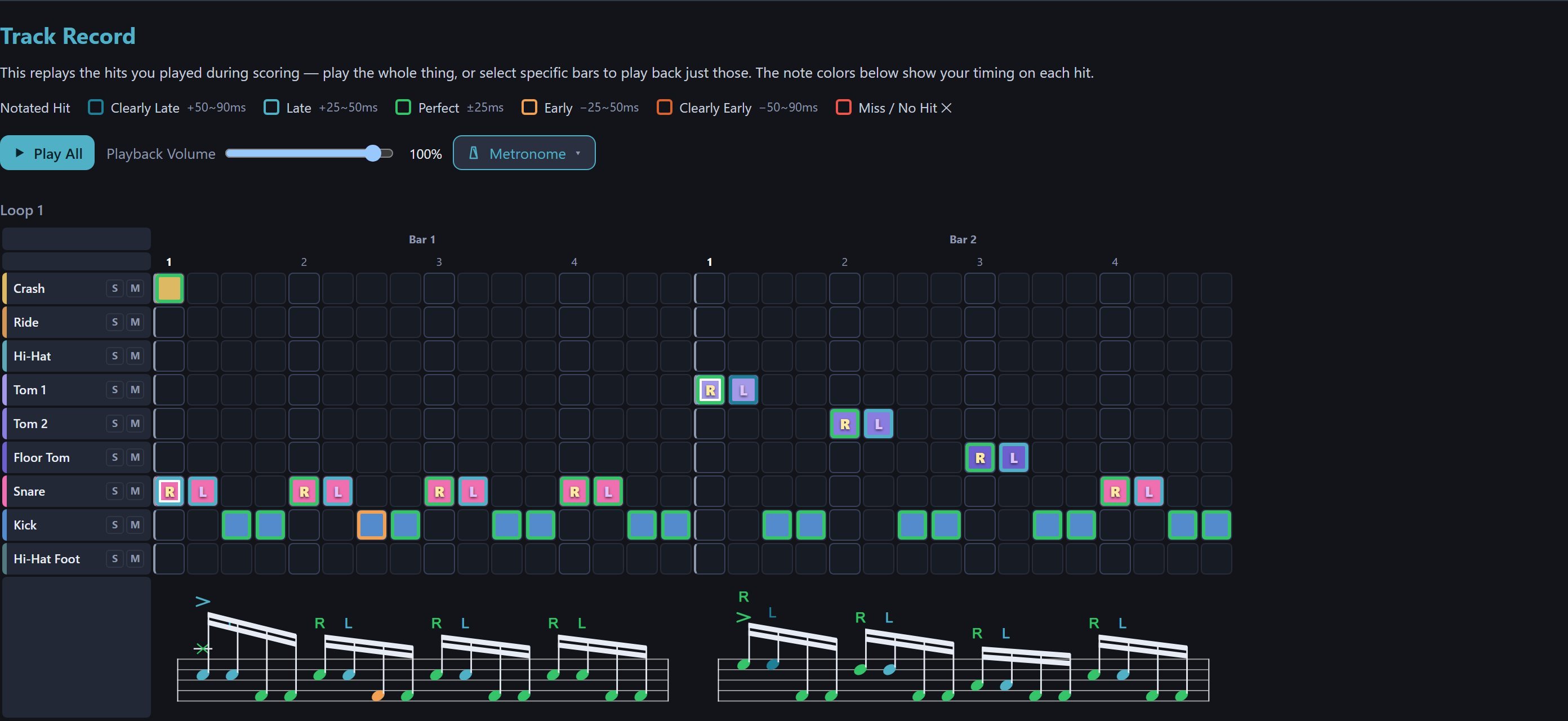 Track record and playback: replayed with your actual timing and velocity, with cell colors marking early and late hits