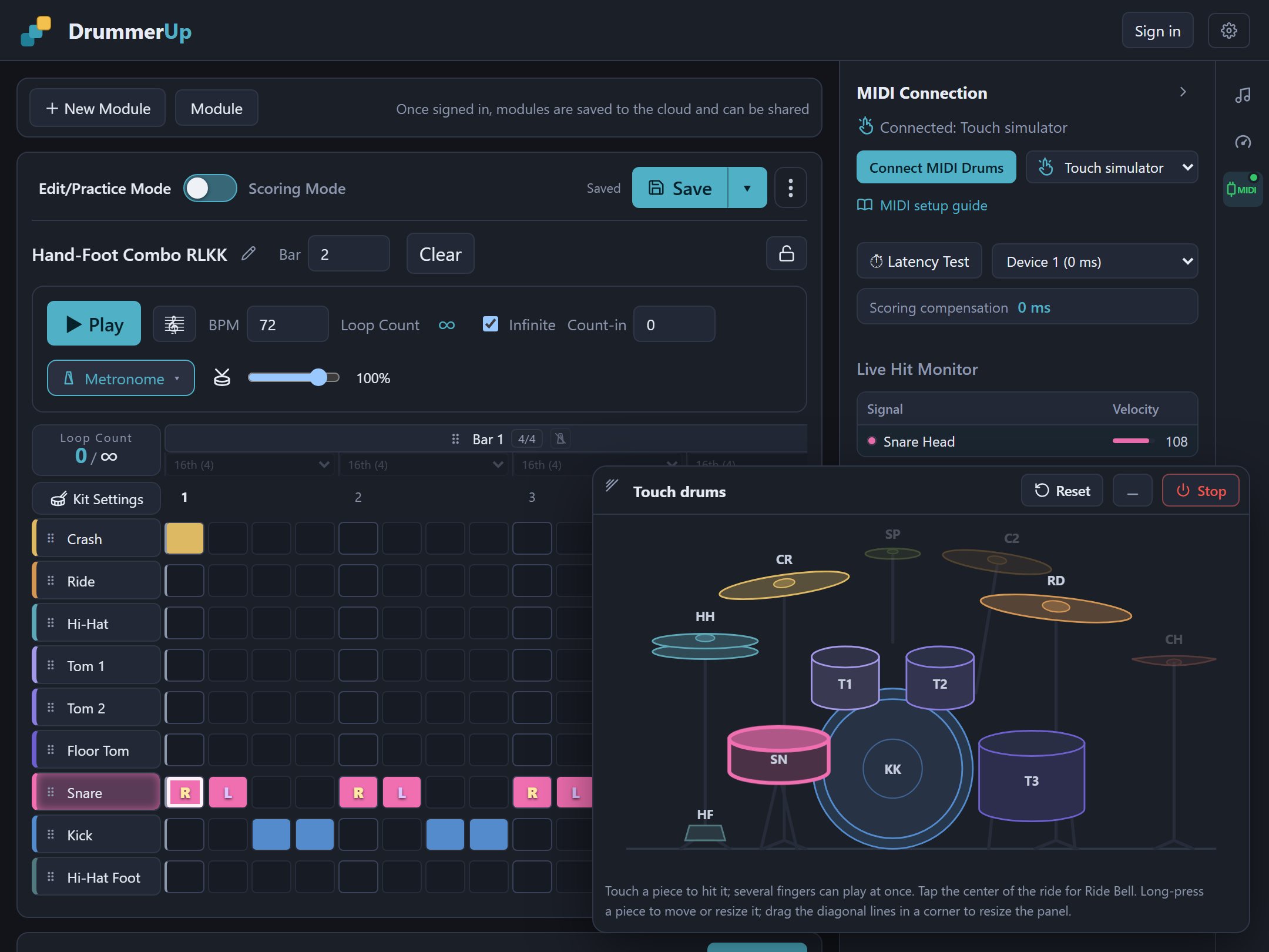 The touch drums panel on an iPad
