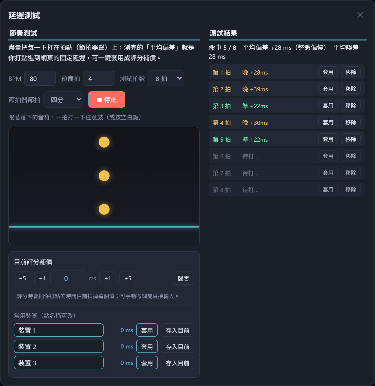 延遲測試進行中：圓圈往下落，右邊已記錄前 5 拍的偏差