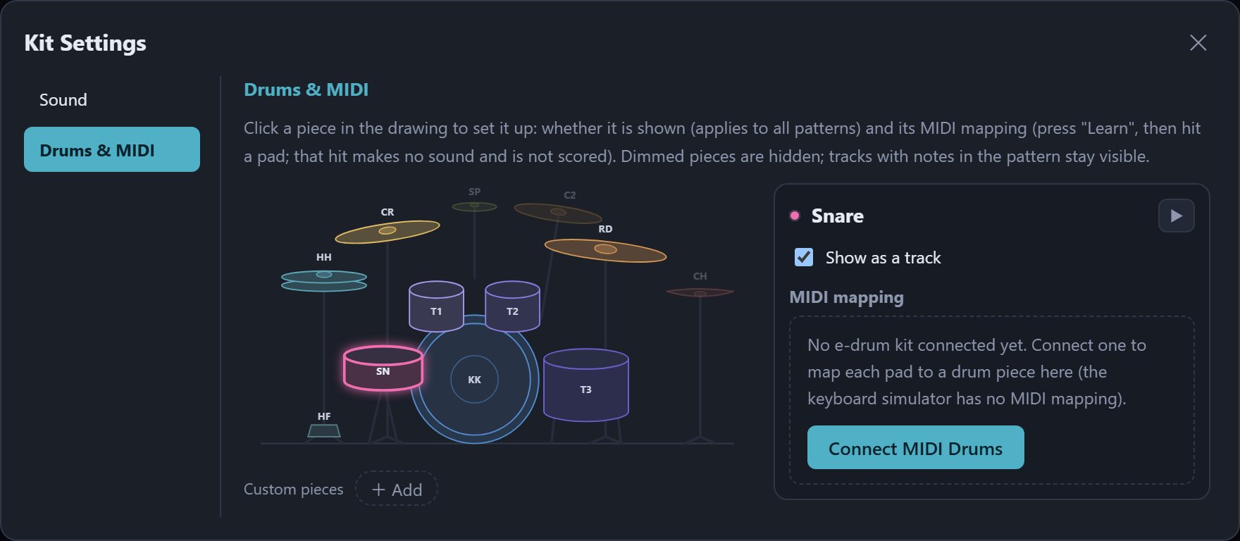 Kit Settings: Drums & MIDI tab