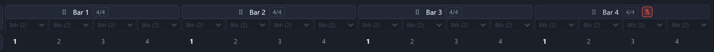 The metronome icon on bar 4's header is red: that bar's metronome is muted