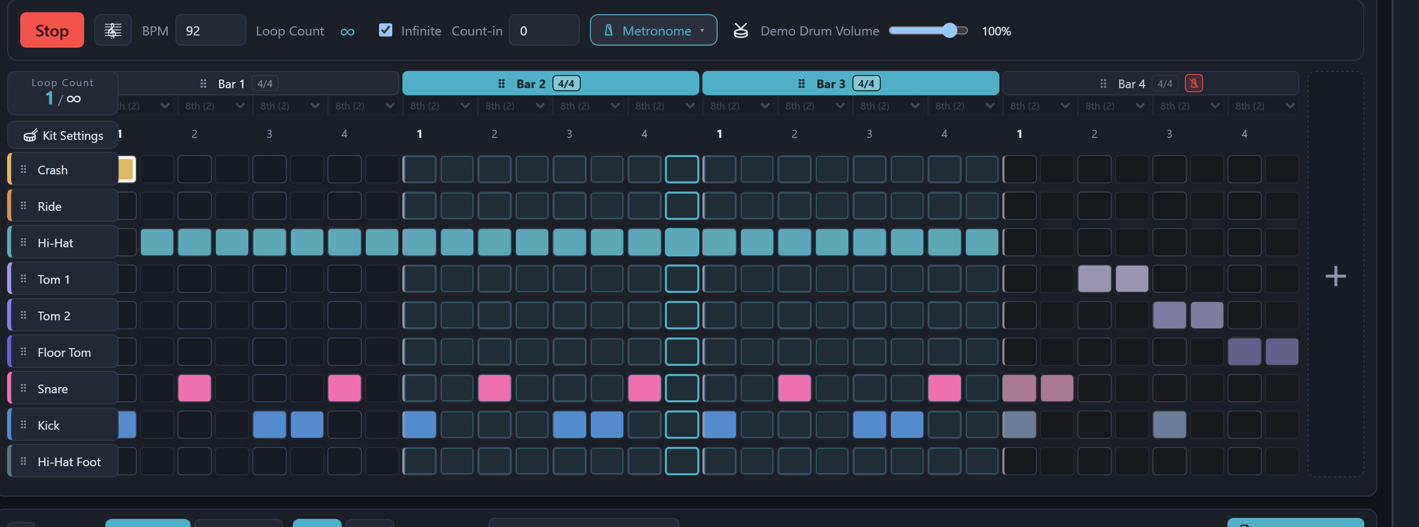 Bars 2 and 3 selected and playing in a loop