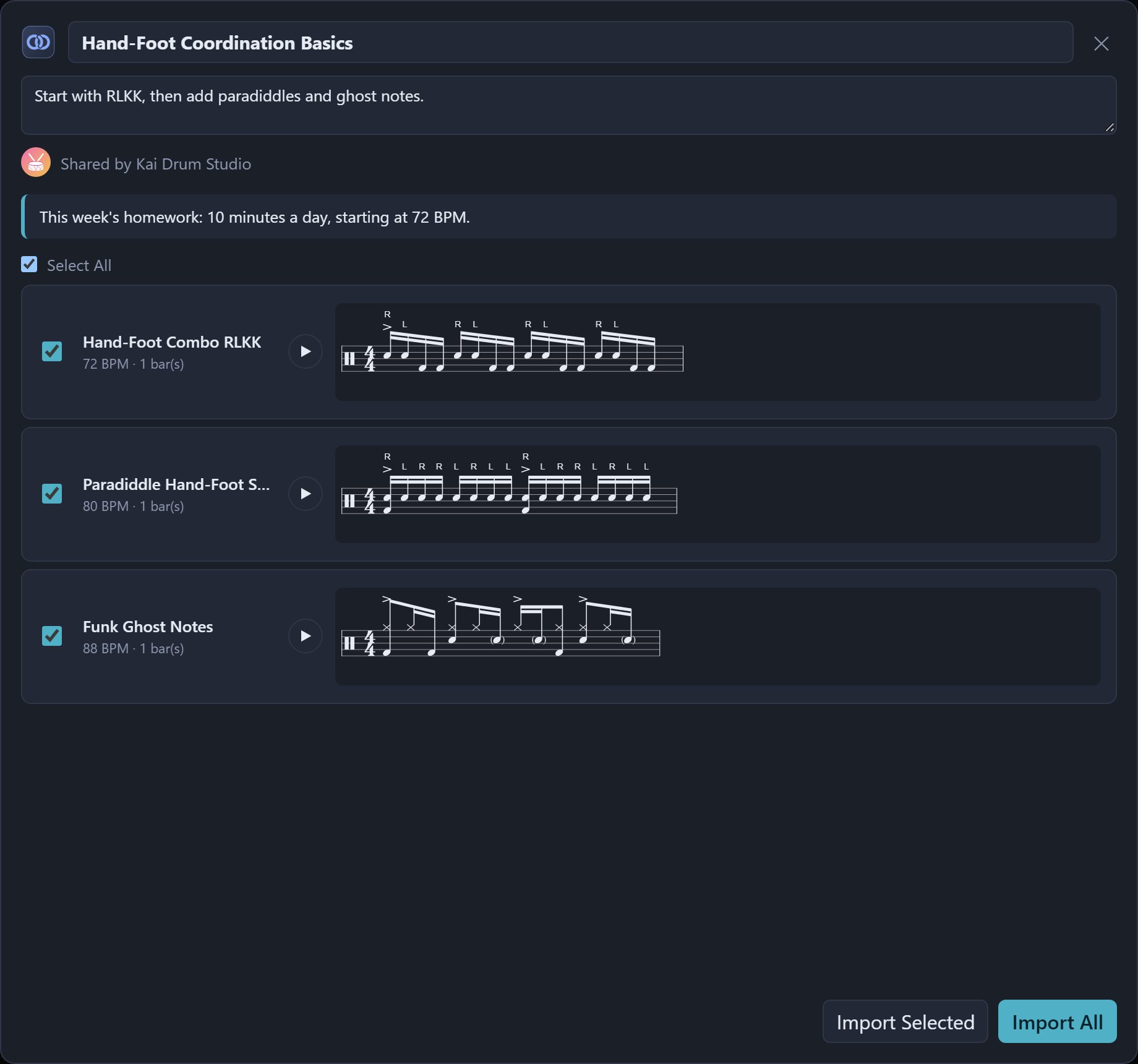 The import window for a shared group link