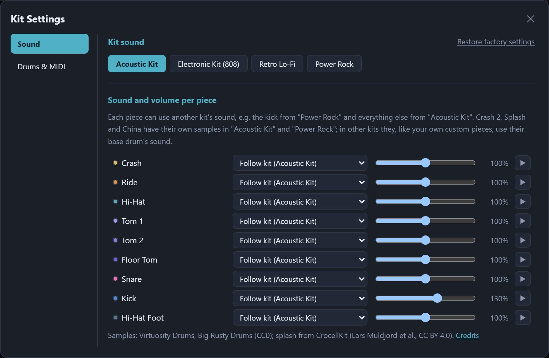 Kit Settings: Sound tab