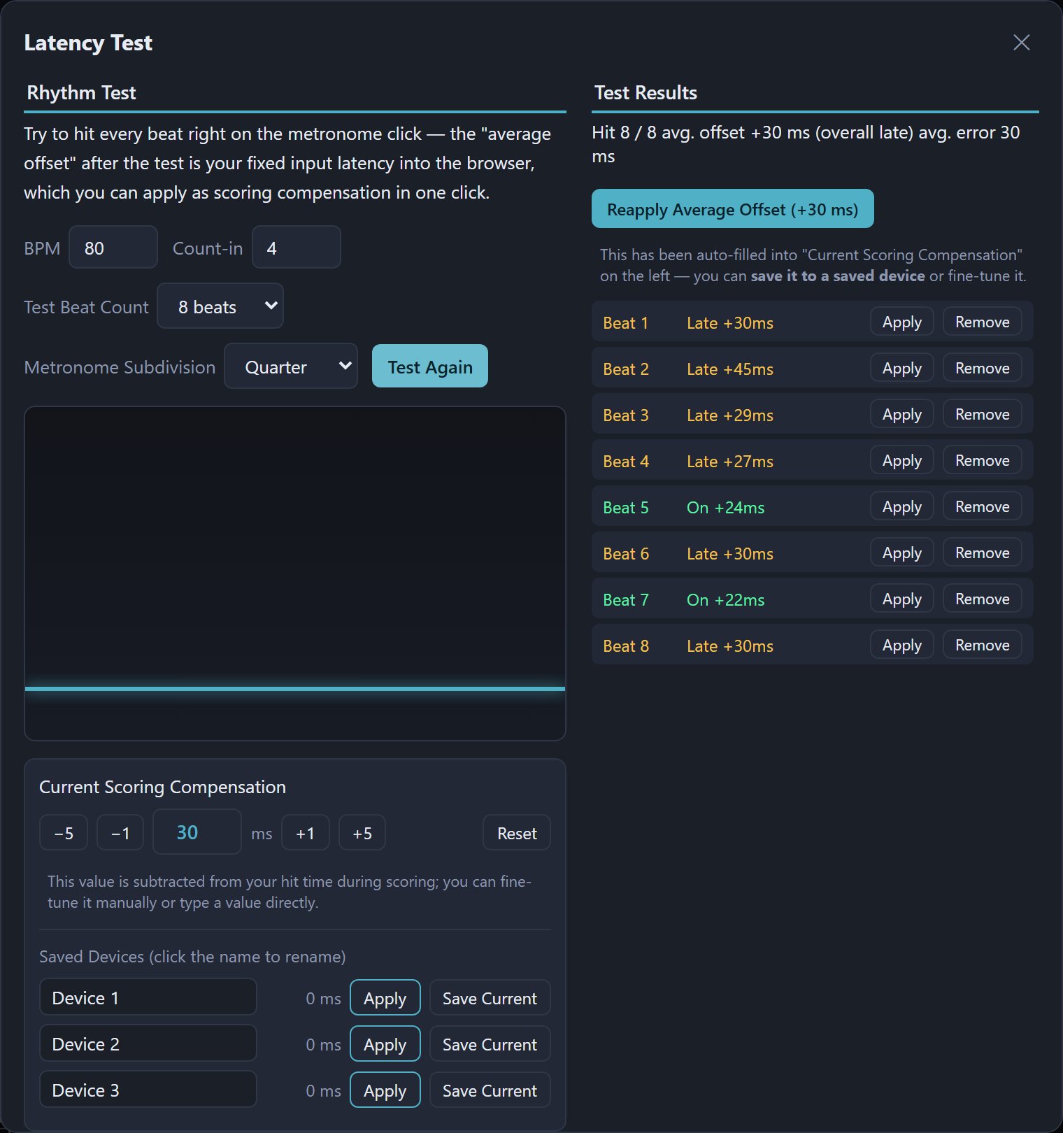 Latency Test finished: the average offset has been filled into the current scoring compensation