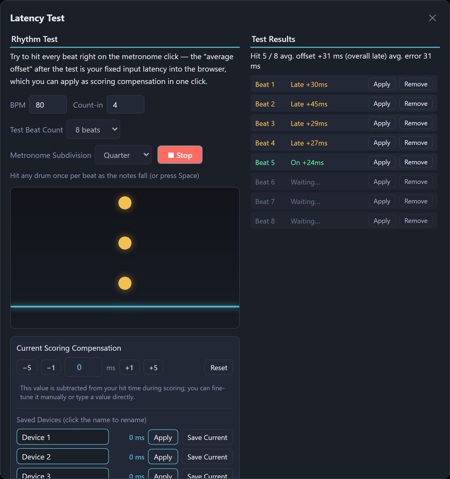 Latency Test in progress: circles dropping, the first beats logged on the right
