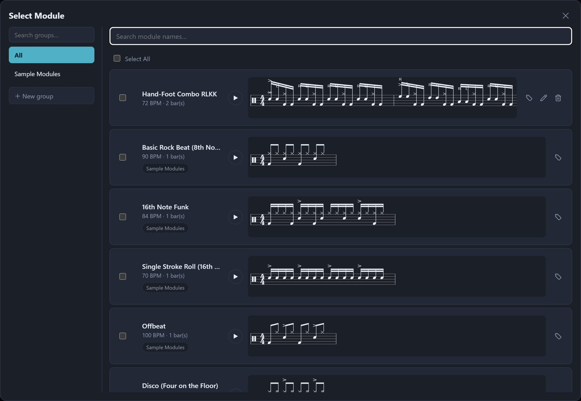 The Select Module window