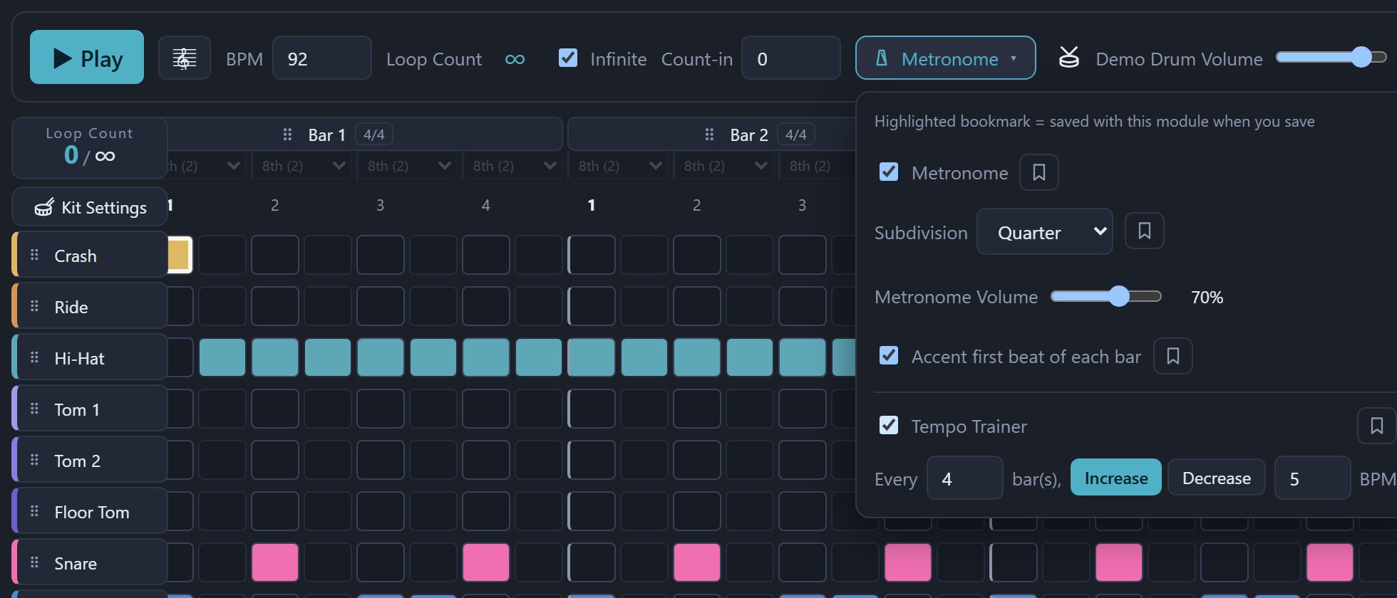 The metronome menu: Tempo Trainer adding 5 BPM every 4 bars