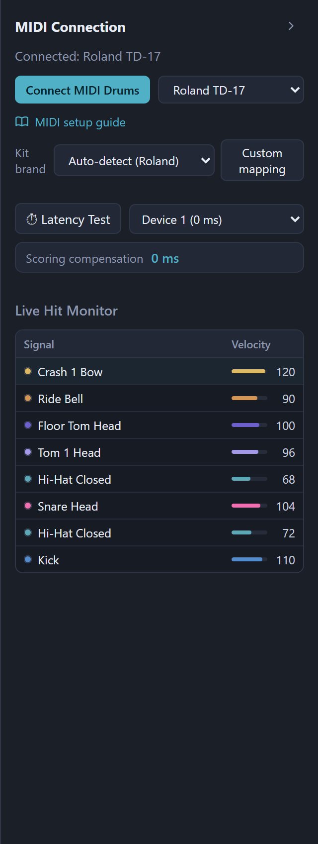 MIDI Connection page connected to a Roland TD-17, with the Live Hit Monitor listing the pads that were hit