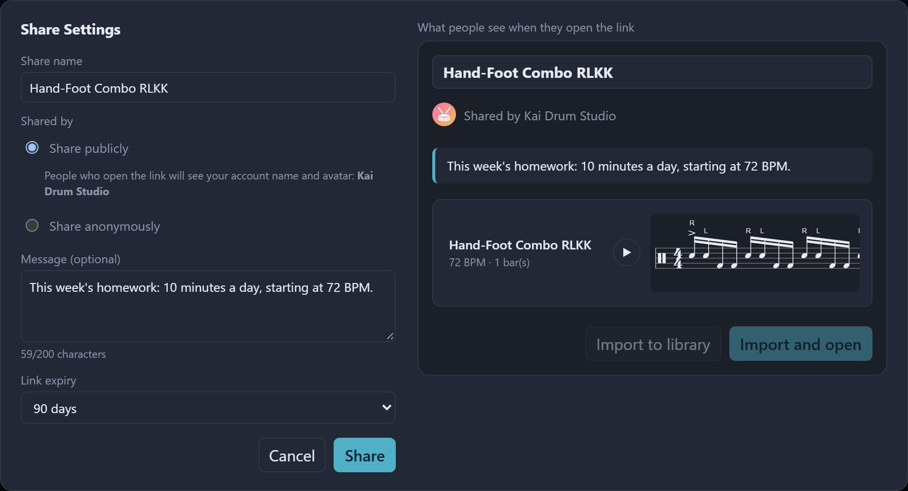 Share Settings: fill in on the left, preview on the right